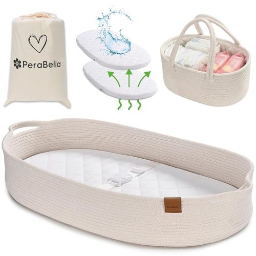 PeraBella XL Baby Changing Basket for Dresser Top, Moses Baskets for Newborn, Portable Baby Diaper Changing Pad Table Topper for Dresser, Moses Bassinet Mat with Waterproof Pad Cover and Diaper Caddy