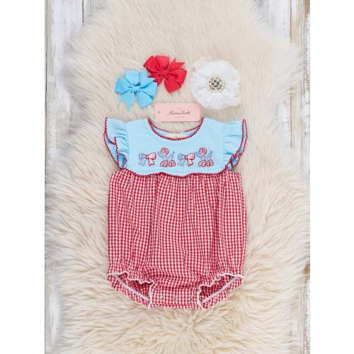 Balloon Pup Gingham Embroidered Cotton Bubble Romper