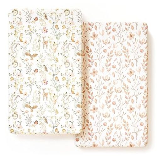 GRSSDER Stretch Ultra Soft Jersey Knit Fitted Crib Sheets Set 2 Pack,Fit All Standard Crib Mattress Pads Safe and Snug, Crib Fitted Sheet for Girls, Beautiful Blush Pink Floral and Cute Animals Print