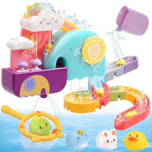 CUTE STONE Baby Bath Toys, No Hole Floating Squirting Bathtub Toy W/ Water Slide Building Track, Duck Fishing Net Game, Toddler Shower Toys, Water& Pool Toys, Educational Gifts for Boys Girls