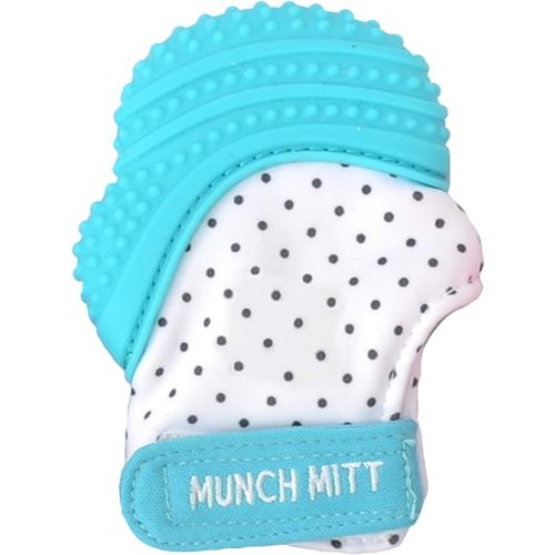 Malarkey Kids Patented Teething Mitten, Munch Mitt Baby Chew Toy - Protects Hands from Chewing & Saliva, Heals Aching Gums, Promotes Sound & Visual Stimulation for Babies - Aqua Polka Dot