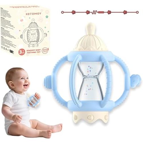 Teething Rattles for Babies 0-6 Months, Silicone Rattle Teether with Teething Pacifier 2 in 1 Design, Montessori Sensory Toys 6-12 Months, Infant & Toddler Motor Skills, Baby Boys Girl Gifts (Blue)