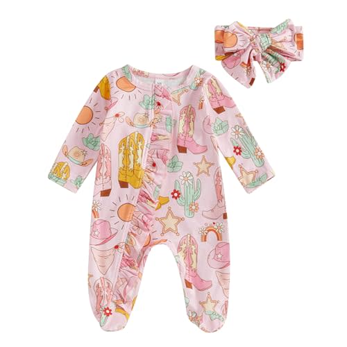 SAYOO Western Boots Baby Cowgirl Clothes Zipped Fall Romper Outfit for Newborn Girl Cow Print Bow Print One-piece Jumpsuit