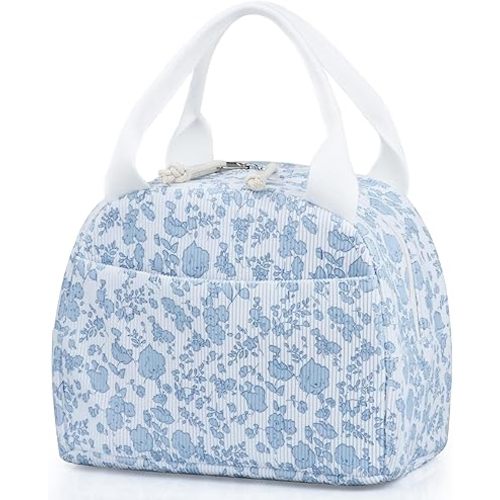 Lunch Bag - Insulated Lunch Box for Women, Reusable Large Capacity Cooler Bag for Adult, Small Leakproof Cute Corduroy Lunch Tote for Work Office Travel Picnic (Corduroy Blue-Flower)