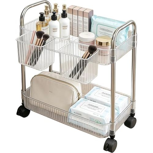 2 Tier Utility Rolling Cart with Wheels Sofa Side Table Small Under Desk Storage Organizer, Clear Acrylic Plastic Mobile Trolley Organization Storage Cart for Kitchen Pantry Bathroom Vanity