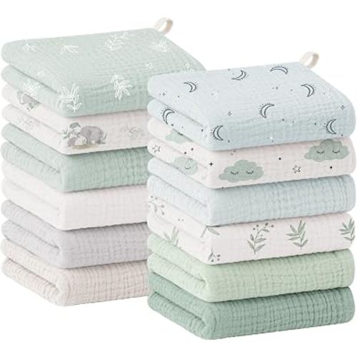 Bearmoss 12 Pack Baby Muslin Washcloths, 100% Cotton 10"x10" Face Towels