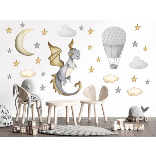Dragon Nursery Wall Decal: Watercolor Dragon, Moon, Stars