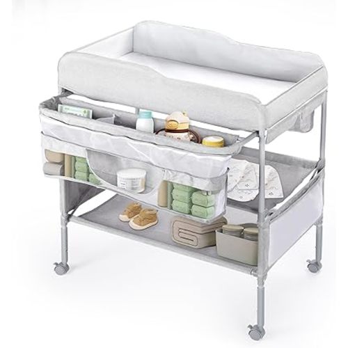 Portable Baby Changing Table, Foldable Diaper Changing Station with Waterproof Pad, Mobile Nursery Organizer for Infant & Newborn Essentials, Grey