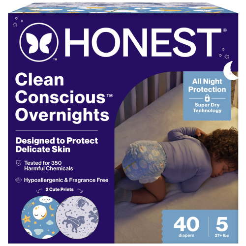 Clean Conscious™ Overnight Diapers, Up to 12 Hours of Protection, Hypoallergenic + Fragrance Free, Cozy Cloud + Star Signs, Size 5, 40 Count Club Box