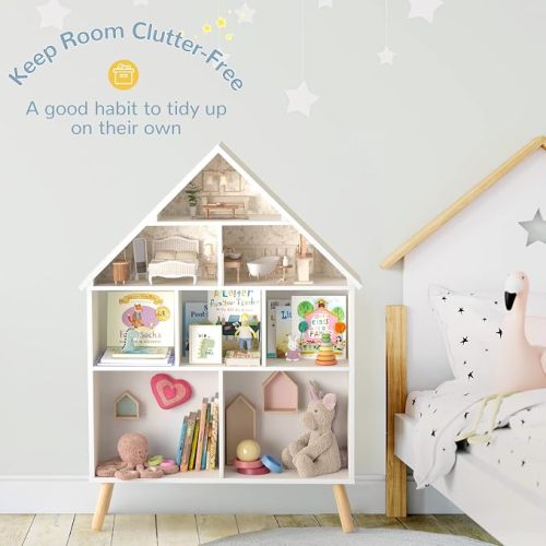 Kids Dollhouse Bookshelf and Baby Storage - Wooden Stand Dollhouse Bookcase with 4-Tier Storage Display Organizer, Children Bookshelf for Playing Room, Nursery - White