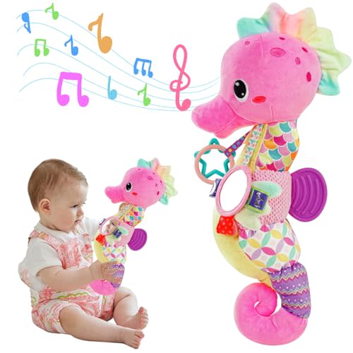 Baby Sensory Toys 0-6 3-6 Months Musical Stuffed Animal Plush Pink Seahorse for Infant 6-12 Month Tummy Time with Baby Mirror Newborn Crinkle Developmental Toy Girls Boys Birthday Gifts 0-3 4 5 Month