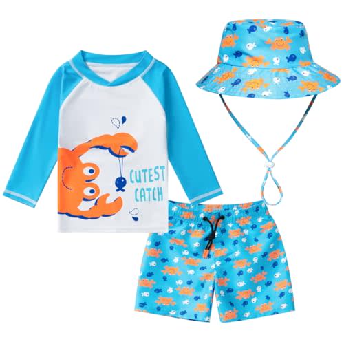 Baby-Boys Toddler Long Sleeved Rashguard Swim Bathing Suit and Sun Hat Set