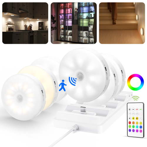 EZVALO Rechargeable Puck Lights with Charging Station, Motion Sensor Under Cabinet Lighting with Remote, 3 Color Temps & 12 RGB Colors, Dimmable Magnetic Stick-on Under Counter Light for Kitchen Clo