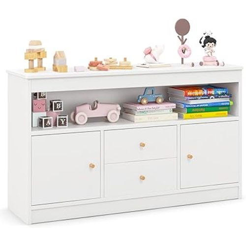 HONEY JOY Kids Toy Storage Organizer, Wooden Floor Storage Cabinet Toy Chest w/Open Shelf, 2 Drawers & 2 Cubbies, Kids Display Bookshelf for Classroom, Playroom & Nursery, Kindergarten (White)