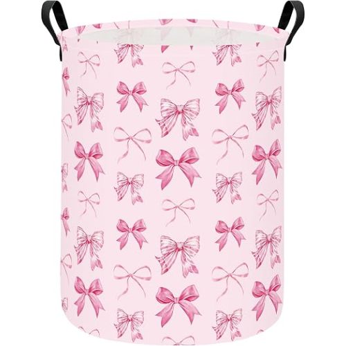 Round Waterproof laundry basket, Laundry Hamper for Nursery, Kids Toy Box Storage for Girls Boys, Diaper or plush toy gift basket, Foldable Fabric Basket(Round-Pink Bow)