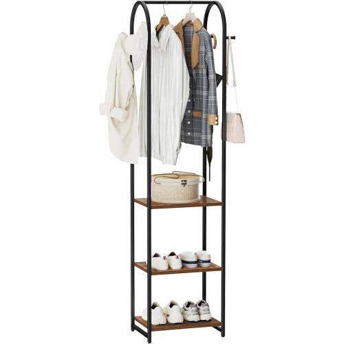 Garment Rack, Coat Rack With 3 Shelves and 4 Hooks, 71" H Clothes Stand For Hanging Clothes, Hanging Rod For for Bedroom, Hallway, Entryway, Office, Living Room, Rustic Brown and Black