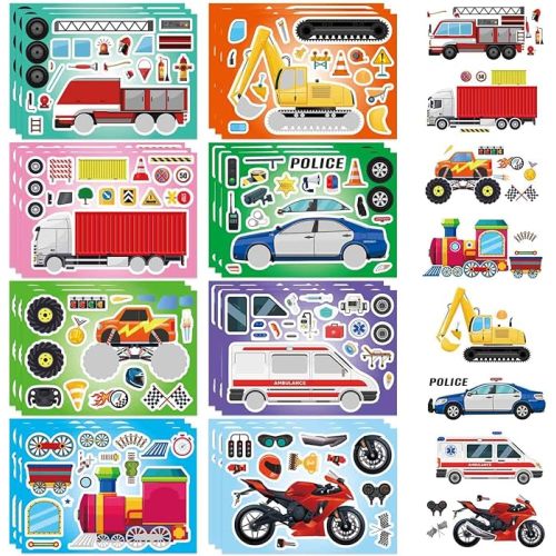DUJAA 24 Sheets Vehicle Stickers for Kids, Make Your Own Police Car, Ambulance, Truck, Train, Motorcycles Engineering Vehicle Stickers for Toddlers, Brithday Party Supplies Classroom Teacher Reward