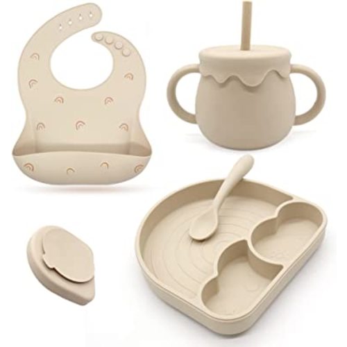 Baby Feeding Set Divided Plate with Suction, Silicone Bib, Toddler Training Sippy Cup with Straw, Baby Led Weaning Spoon