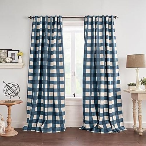 Elrene Home Fashions Farmhouse Living Grainger Buffalo-Check Blackout Window Curtain, Living Room and Bedroom Drape with Rod Pocket Tabs, 52" x 84", Indigo, 1 Panel