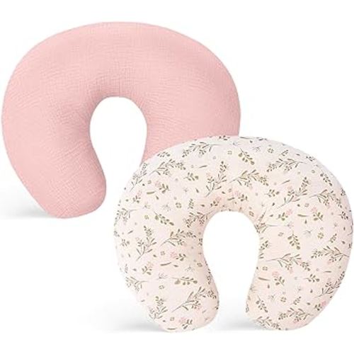 Winmany 2 Pack Muslin Nursing Pillow Covers Soft Cotton Newborn Breastfeeding Pillow Cover Baby Feeding Pillow Slipcover Shower Gifts for Boys Girls (Pink + Flower)