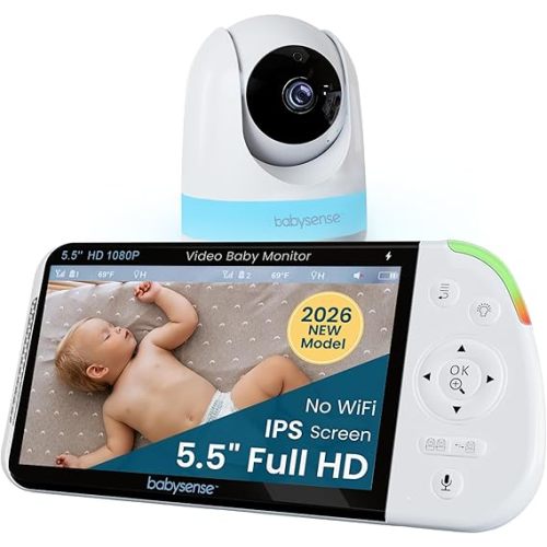 Babysense PRO Non-WiFi Full HD 5.5" Split Screen Baby Monitor with Camera and Audio, 6-Color Night Light, White Noise, Sound & Light Machine, 20-Hour Battery, Hack-Proof Secure Connection