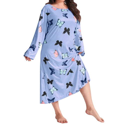 Hontri Plus Size Night Gowns for Women 4X-5X Loose Nightgown Sleep Shirt Loungewear Butterfly Print( X02/Navy Xl )