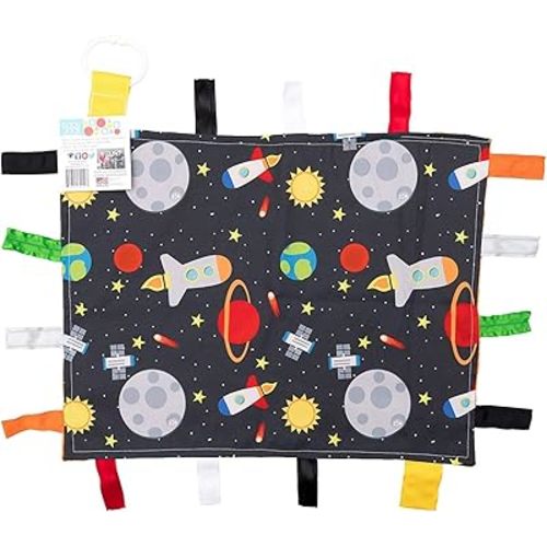 Baby Sensory, Security & Teething Closed Ribbon Tag Lovey Blanket with Minky Dot Fabric: 14X18 (Outer Space)