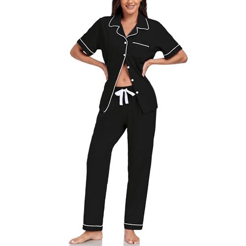 EA'S SECRET Womens 100% Cotton Pajama Sets Short Sleeve Shirt and Pajama Pants Soft Sleepwear Button Down Pjs for Women