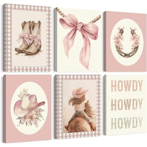 Western Cowgirl Nursery Wall Art Decor Vintage Girl Room Canvas Poster Pink Coquette Nursery Art Prints Preppy Aesthetic Pictures Bow Floral Boots Artwork for Girls Bedroom 8x10x6 Inch Wrapped Canvas