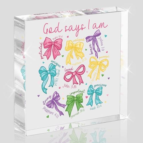 Pink Bow Room Decor, Inspirational Bible Verse Quotes, Christian Gifts for Women, Coquette Aesthetic Bow Dorm Decoration, Office Decor for Women, Acrylic Office Desk Accessories-God Says I Am