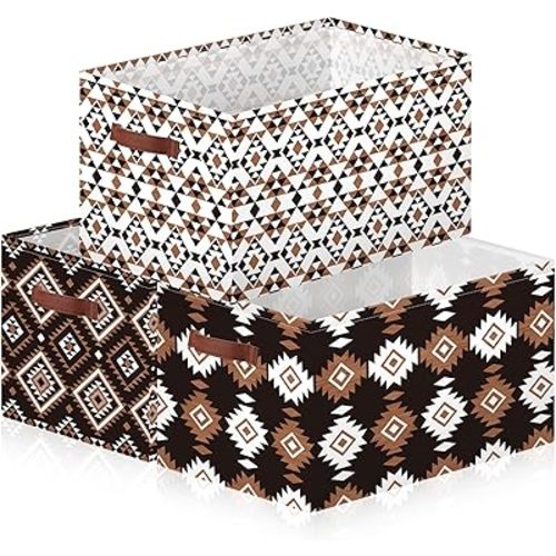 Boao 3 Pack Western Aztec Geometric Storage Bins, Large Foldable Canvas Gift Baskets with Handles, Boho Rustic Laundry Basket for Nursery Home Office Organization, Closet, Bedroom & Living Room Decor