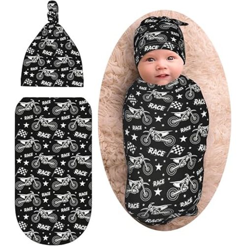 Motorcycle Baby Stuff Newborn Baby Swaddle Blanket with Beanie Hat,Swaddle Blanket Gifts for Infant Shower Boys Girls