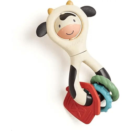 Itzy Ritzy Spinner Rattle Toy – Cow Design Sensory Teething Rattle Includes Spinning Face, Clicks, Rattles & Textured Teethers – Designed for Ages 3 Months and Up (Cow)