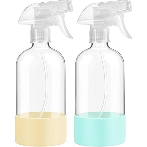 Glass Spray Bottles with Silicone Sleeve Protection, 16 oz 2 Pack, Reusable Spray Bottles with Adjustable Nozzle for Hair, Cleaning Solutions, Plants, Pale Yellow&Mint Green