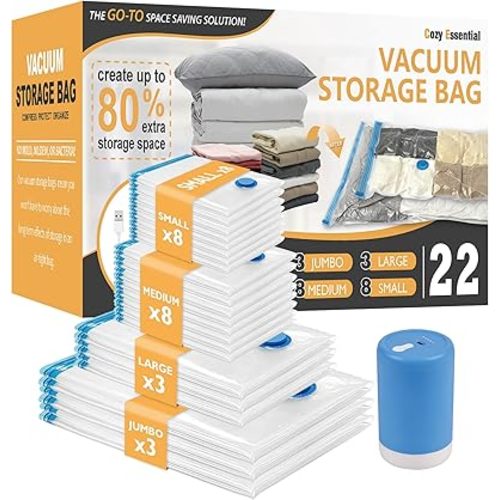Vacuum Storage Bags with Electric Pump, 22 Pack (3 Jumbo/3 Large/8 Medium/8 Small) Vacuum Seal Space Saver Bags for Clothing, Pillows, Blanket, Bedding, Comforters