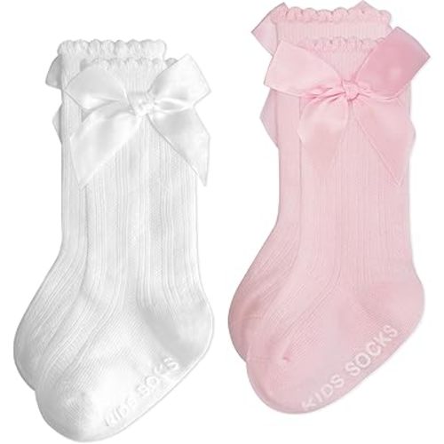 Baby Knee High Socks Girl Non Slip Toddler Stockings Cotton Bow Ruffle Newborn Long Socks Infant Dress Sock 0-6M/6-12M/1-3Y