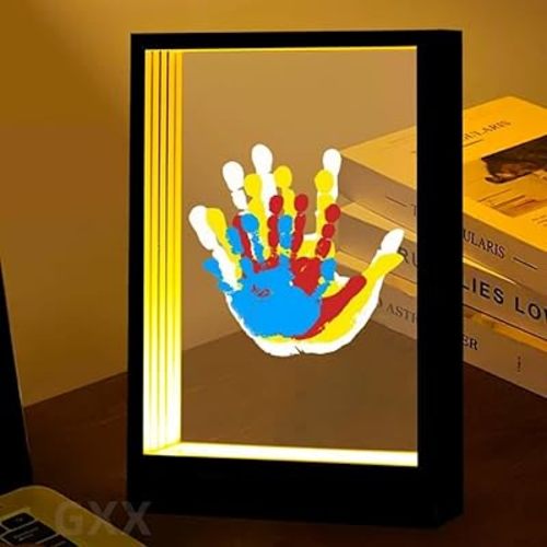 CHERRY CHEERS Family Handprint Kit with Light, Handprint Keepsake Frame, Wooden Led Light, Easy Install, No Need Screw etc, Non-Toxic Paints (Black)