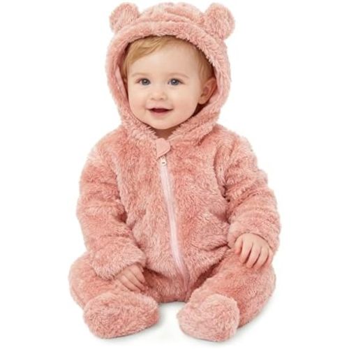 Baby Plush Long Sleeve Polar Fleece Jumpsuit With Bear Ears Baby Fleece Hooded Jumpsuit Infant Winter Outfit
