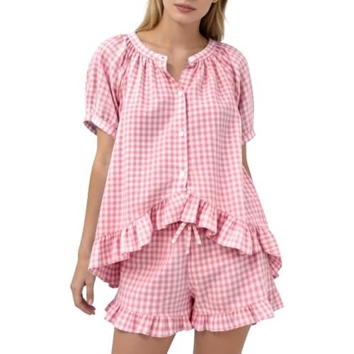 Kissonic Women Gingham 2 Piece Pajama Sets Cotton Pj Short Sleeve Rluffle Babydoll Shirt Shorts Summer Outfits