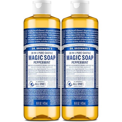 Dr. Bronner's Magic Soap-Pure-Castile Liquid Soap (Peppermint, 16 ounce, 2-Pack)-Regenerative Organic Certified Oils, 18-in-1 Uses: Body, Hair, Laundry, Pets & Dishes, Concentrated, Vegan, Non-GMO
