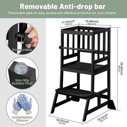 COSYLAND Toddler Standing Tower - Adjustable Height Toddler Kitchen Stool Helper - Kids Kitchen Step Stool for Learning with Removable Safety Railing Black - Large