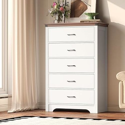 Airynee Farmhouse 5 Drawer Dresser for Bedroom, 47" Tall Chest of Drawers, Wood White Dresser with Deep Drawers, Storage Dressers Organizer for Bedroom, Living Room, Hallay, White