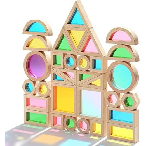 Wooden Building Blocks Set with Colored Acrylic Windows - 32 Pieces - Montessori Light Table Educational Sensory Stacking Toys for Toddlers & Preschoolers Ages 18M+