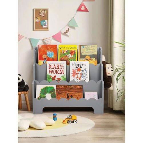 3-Tier Kids Bookshelf Wooden, Scalloped Book Shelf for Kids Rooms Anti-Tip