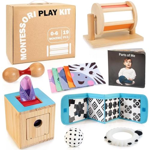 Montessori Toys for Babies 0-6 Months, 9 in 1 Learning Educational Sensory Toys for Newborn 0-3-6 Months, Includes High Contrast Cards, Baby Tissue Box Toy, Spinning Drum, Teether and More