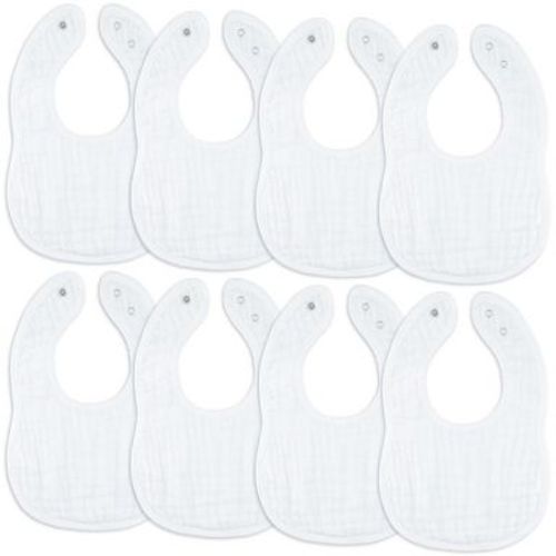 Muslin Cotton Baby Bibs, 8 Pack, Adjustable Size with Easy Snaps, Soft and Super Absorbent, Washable and Reusable By Comfy Cubs - White