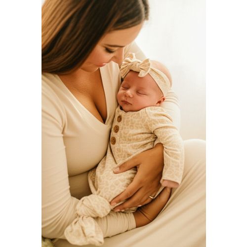 Lovely Leopard Bamboo Waffle Newborn Baby Knot Gown & Hat Set