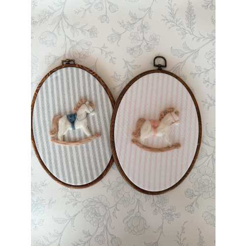Personalized Rocking Horse Embroidery Hoop Set | Handmade Needle Felt Nursery Wall Decor | Vintage Inspired Baby Boy or Girl Keepsake Gift