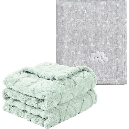 CREVENT 2Pcs 30''X40'' Cute Cozy Fluffy Warm Baby Blankets for Infants Toddlers' Bedding Crib Cot Stroller - Grey Cloud + Green Sherpa