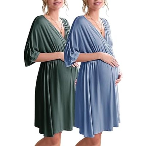 Ekouaer 3 in 1 Labor/Delivery/Hospital Gown 2 Pack Maternity Dress Nursing Nightgown Sleepwear